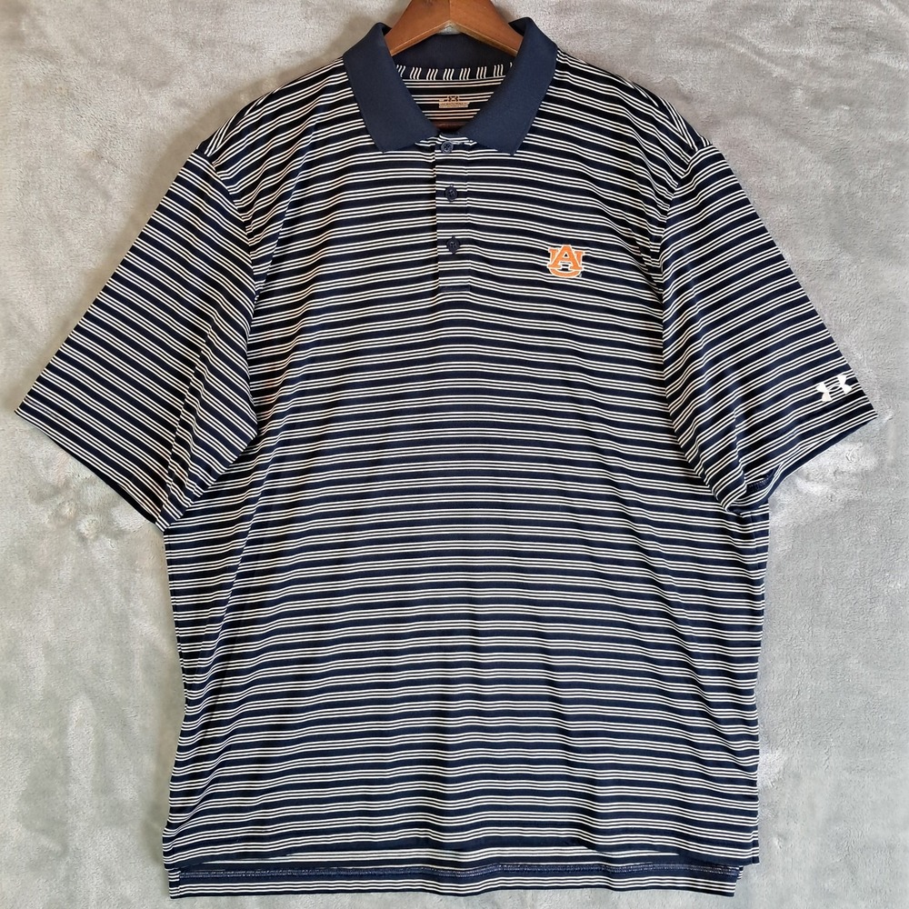 Under Armour Auburn Tigers Golf Polo Shirt XL Navy Blue White Striped HeatGear